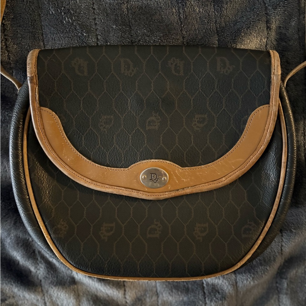 Vintage Christian Dior Honeycomb Canvas & Leather Flap Crossbody Bag